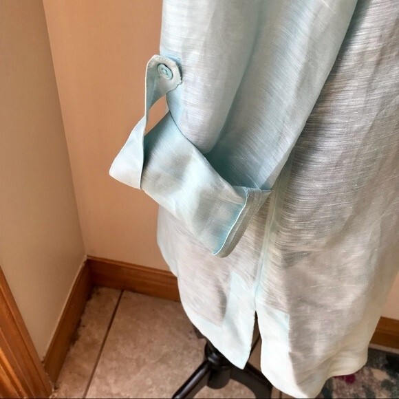 Linen Silk Tunic Top Light Blue Blouse Long Sleeve Button Up Shirt Vacation - Picture 7 of 10
